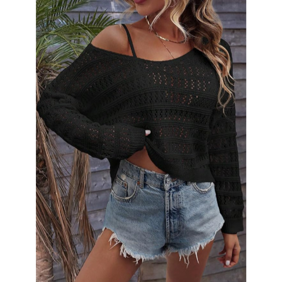 Women Sweater - Drop Shoulder Open Knit Sweater Black Size Small - Picture 1 of 6
